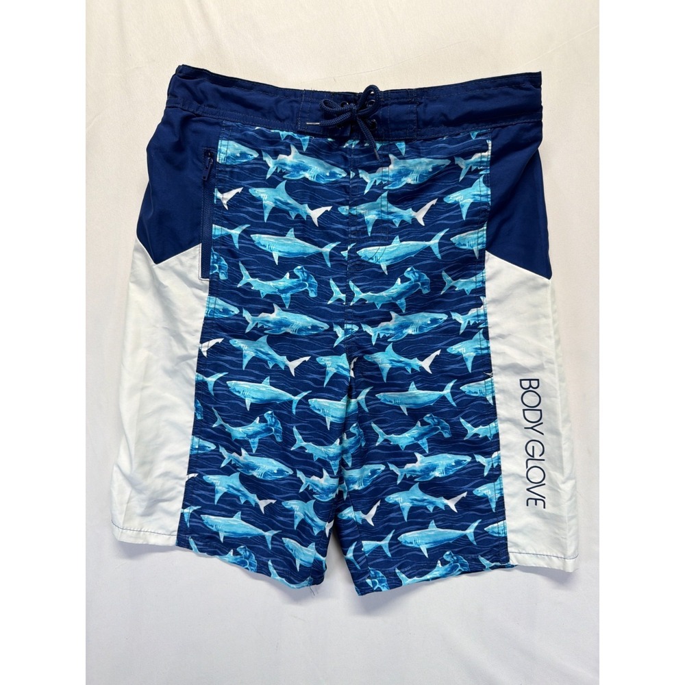 Body Glove Swimwear Trunks Shorts Boys Large Blue Shark Print White Side Panels